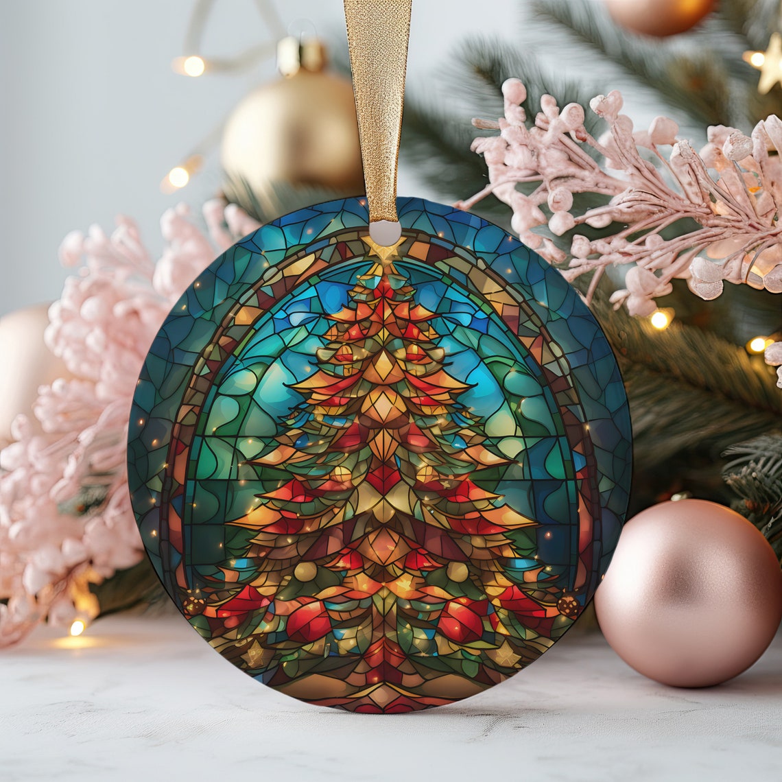 Warm Stained Glass Christmas Tree Round Ornament Art Print in Red Gold