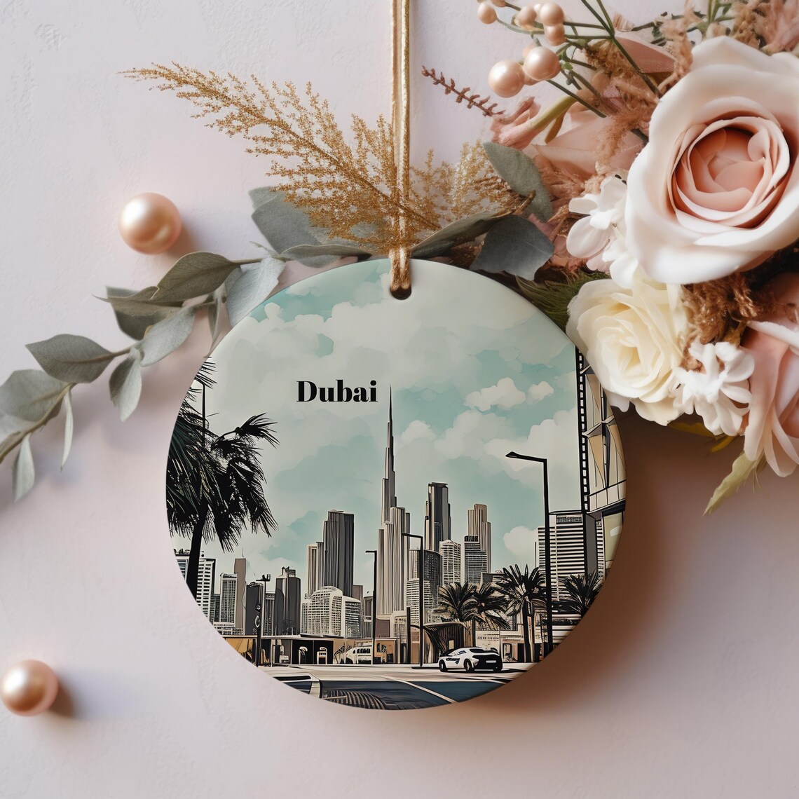 Dubai Skyline Burj Khalifa Vintage Style Round Ornament Travel Poster