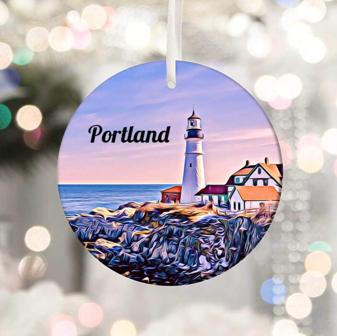 Portland Lighthouse Rocky Shore Sunset Round Ornament Poster