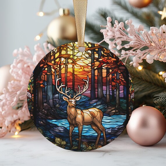 Deer Stained Glass Autumn Forest Wildlife Ornament Holiday Print