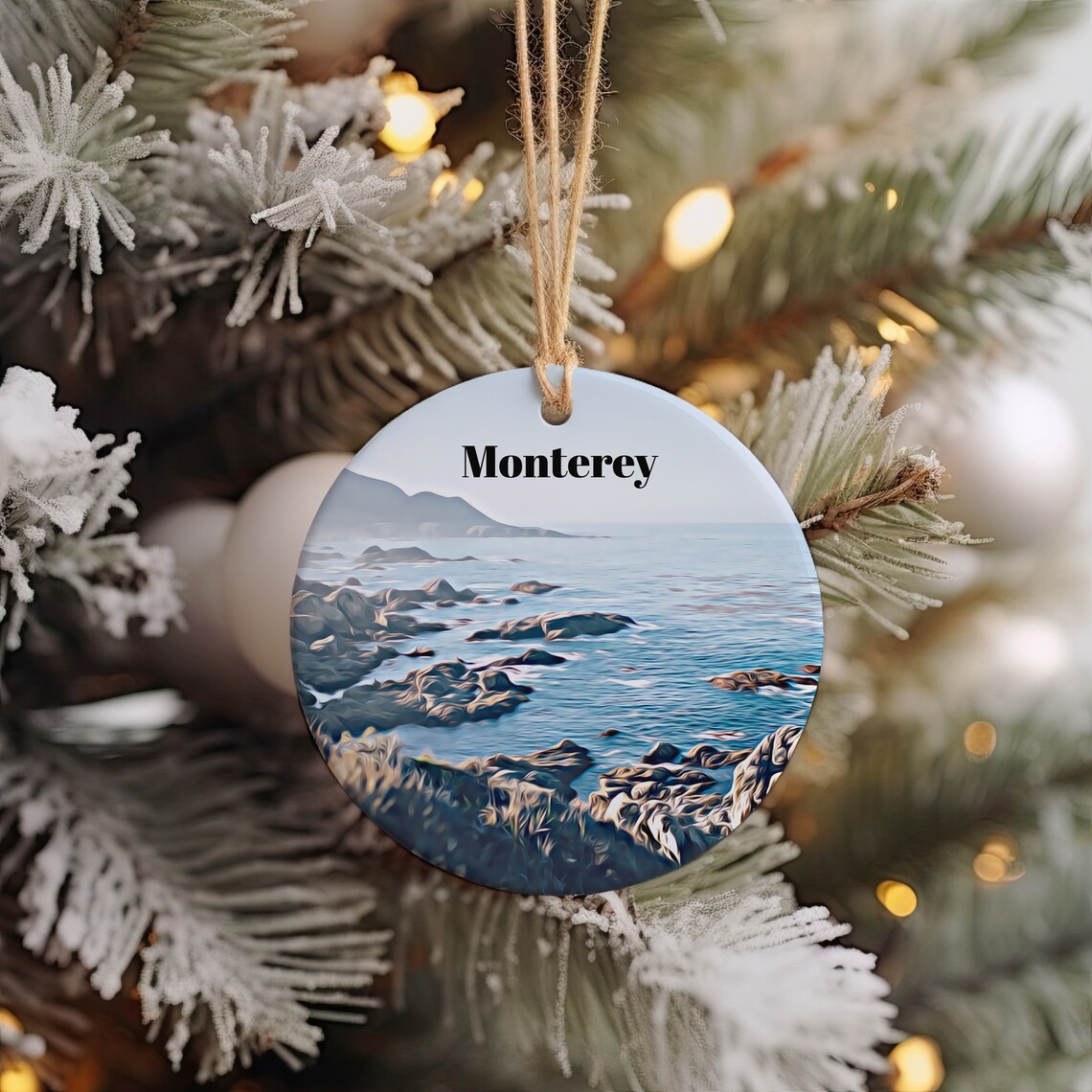 Monterey Rocky Coast Ocean Waves Seascape Round Ornament Wall Art
