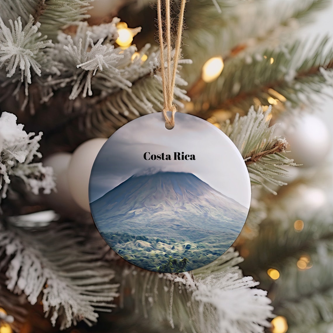 Costa Rica Volcano Scenic Round Ceramic Christmas Ornament Print