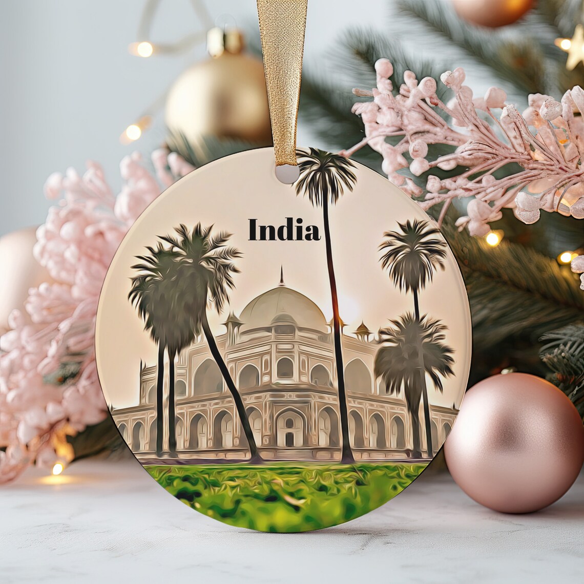 India Palm Tree Palace Landmark Travel Christmas Ornament Print