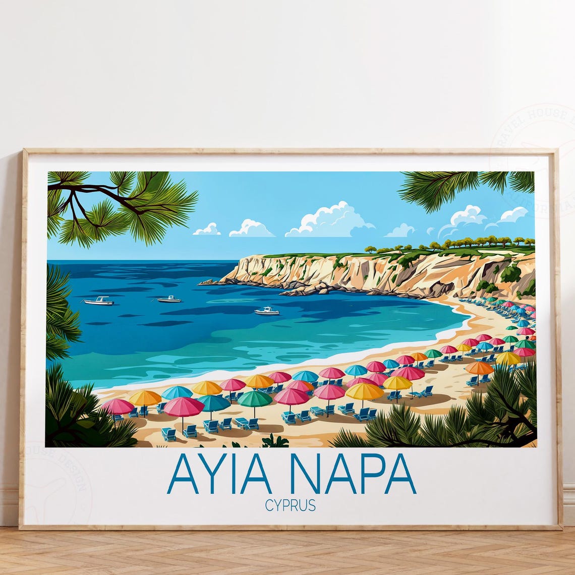 Ayia Napa Cyprus Umbrella Beach Bay Cliffs Bottom Title Poster