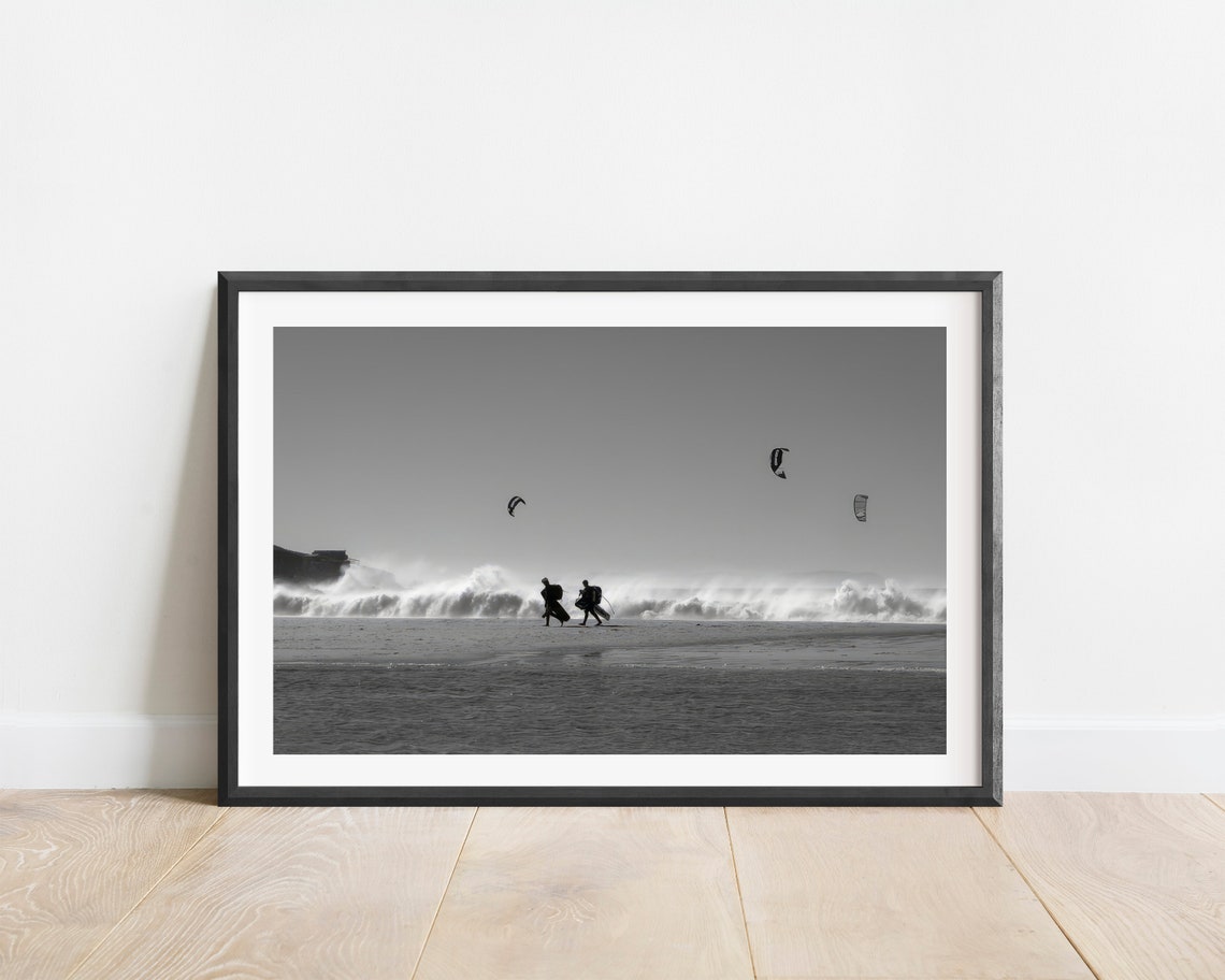 Black and White Kite Surfing Ocean Photography Print