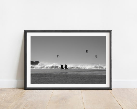 Black and White Kite Surfing Ocean Photography Print