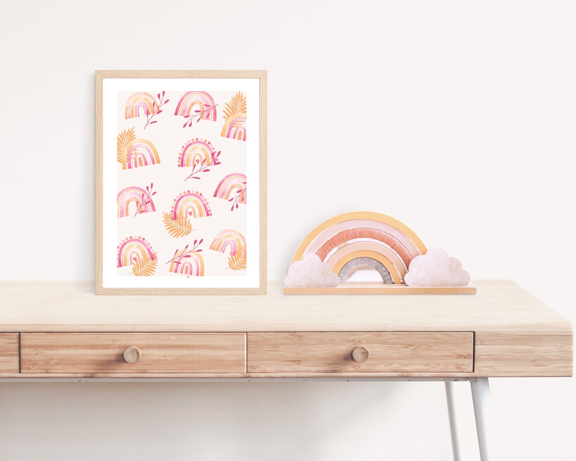 Boho Watercolor Pink Floral Rainbow Art Print - Image 3