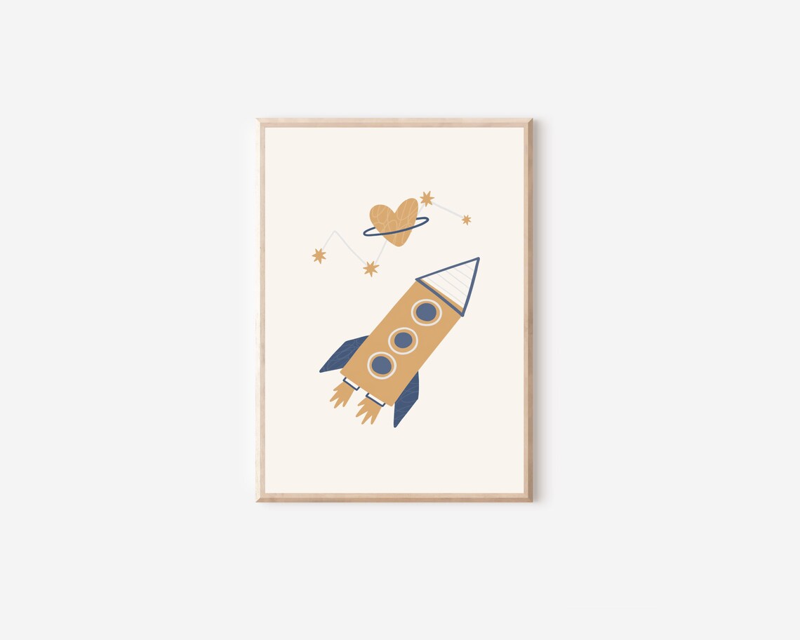 Boho Outer Space Rocket Ship And Planet Art Print - Image 4