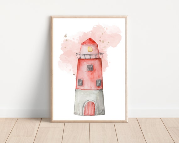 Beautiful Watercolor Pink Nursery Lighthouse Print Nautical Themed Nursery Wall Art Coastal Decor Girls Room Pink Baby Room Wall Decor