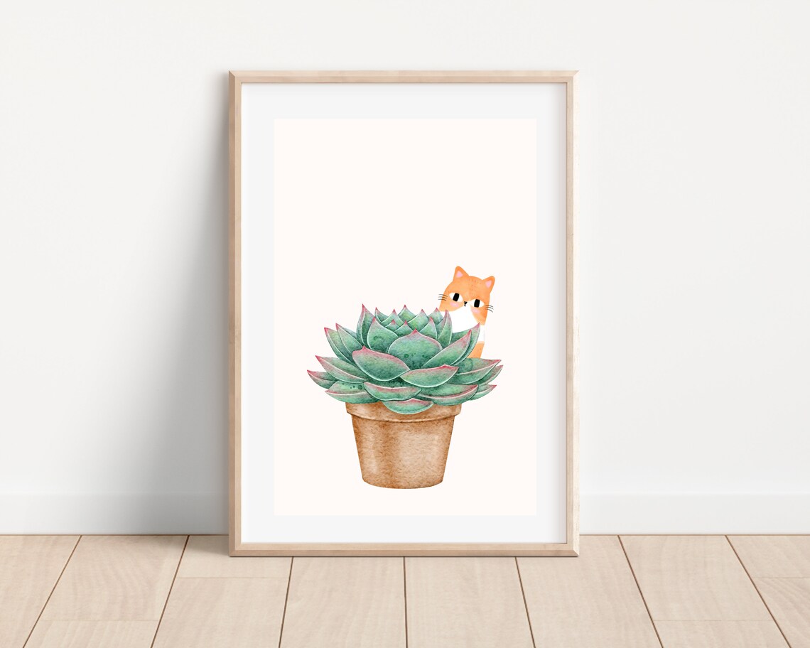 Boho Cat And Plant Art Print