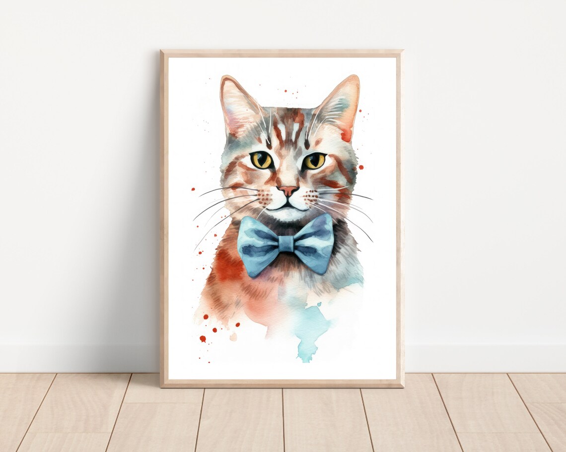 Bow Tie Cat Print, Watercolor Funny Cat Art