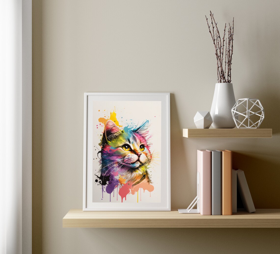 Rainbow Splash Watercolor Cat Portrait Colorful Modern Pet Decor Print - Image 3