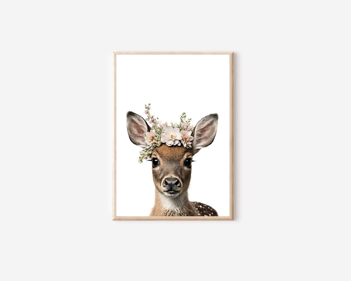 Baby Deer Fawn Flower Crown Woodland Nursery Nature Photo Wall Poster - Image 4