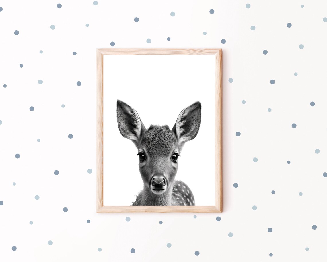 Black And White Baby Deer Fawn Portrait Minimalist Nursery Wall Art - Image 2