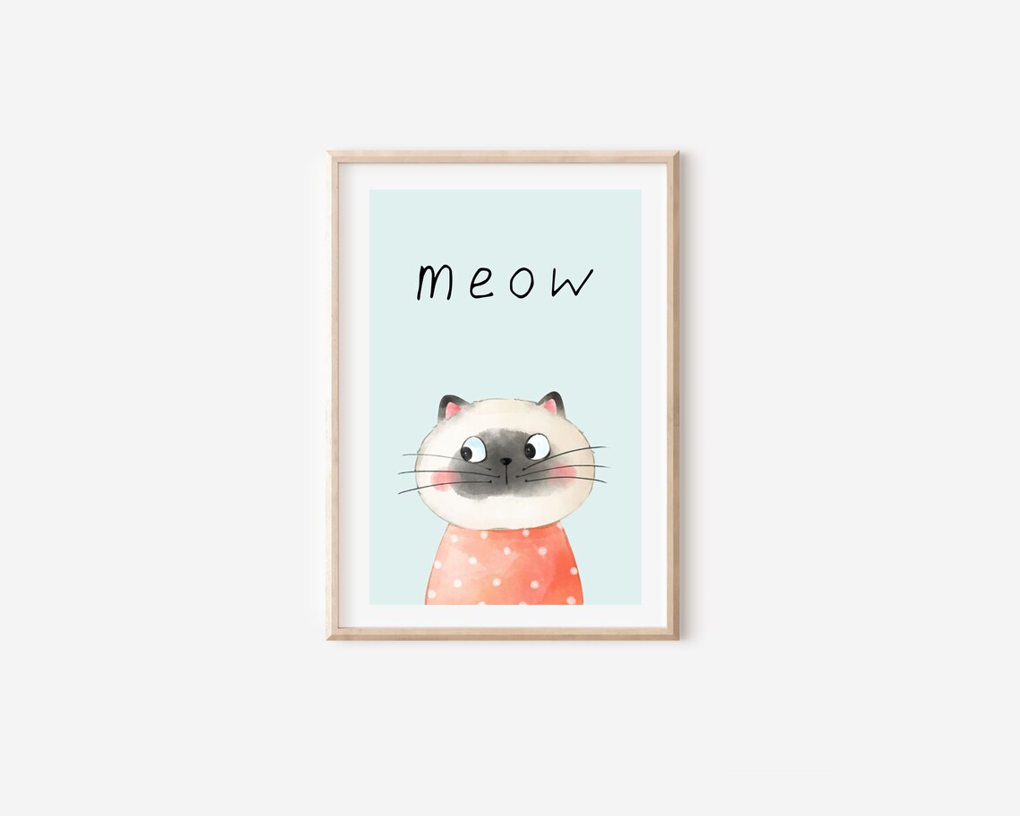 Meow Cute Cartoon Cat Blue Kids Room Nursery Playful Decor Poster - Image 4