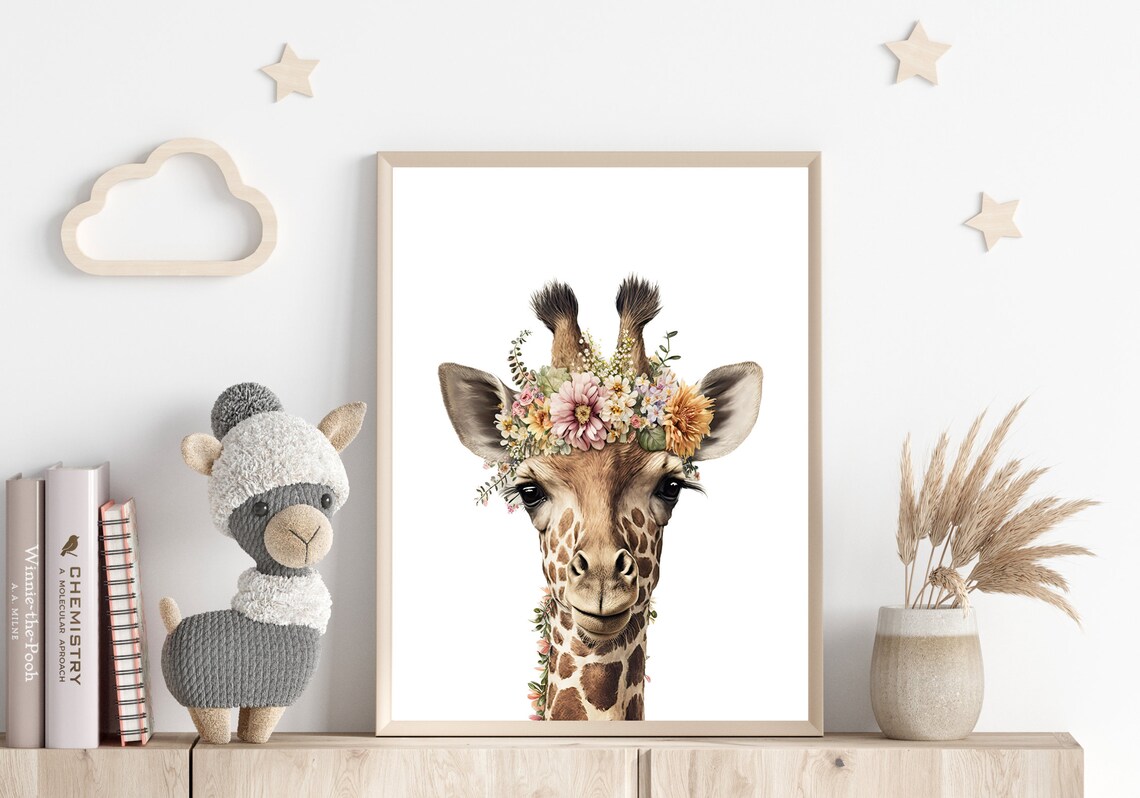 Boho Baby Giraffe Wearing Flower Crown Portrait Nursery Wall Art - Image 3