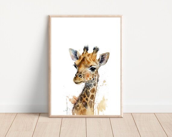 Watercolor Baby Giraffe Head Portrait Nursery Safari Wall Art