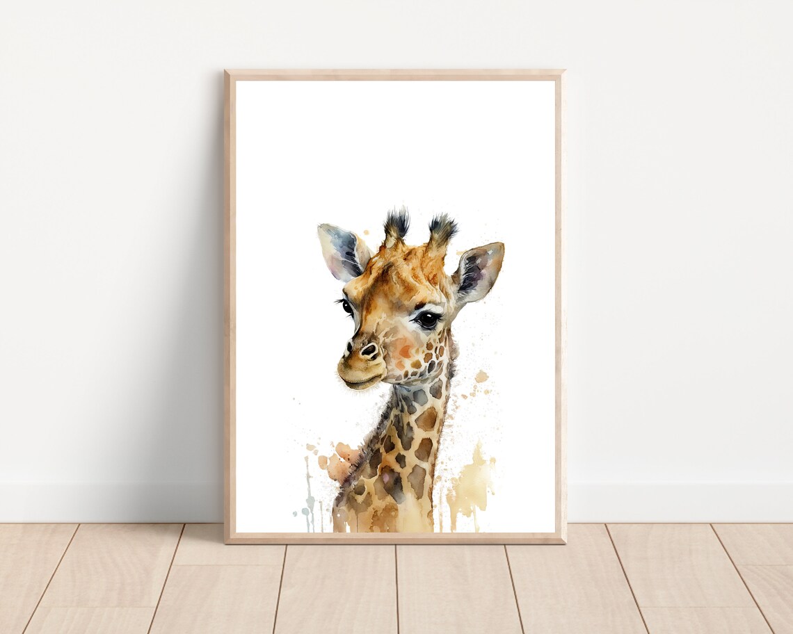 Watercolor Baby Giraffe Head Portrait Nursery Safari Wall Art