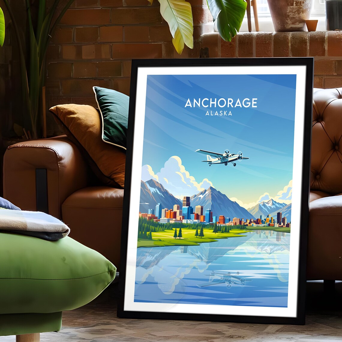 Anchorage Alaska City Skyline Seaplane Flying Over Lake Reflection Poster - Image 6