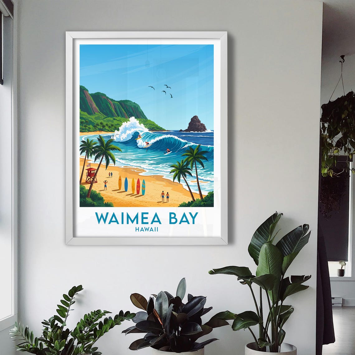 Waimea Bay Hawaii Big Wave Surfing Beach Palm Trees Surf Art Poster - Image 3