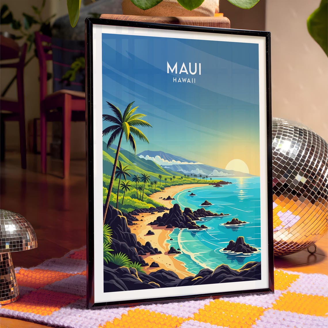 Maui Hawaii Tropical Beach Sunset Palm Trees Lava Rock Shore Poster - Image 5