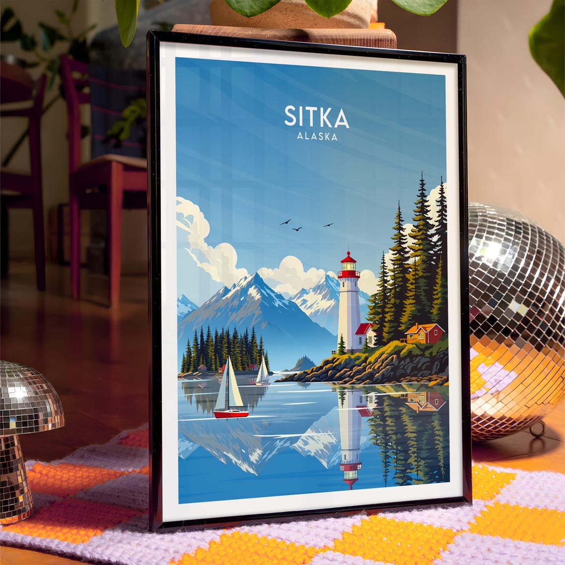 Sitka Alaska Lighthouse Sailboat Harbor Mountain Reflection Poster - Image 4