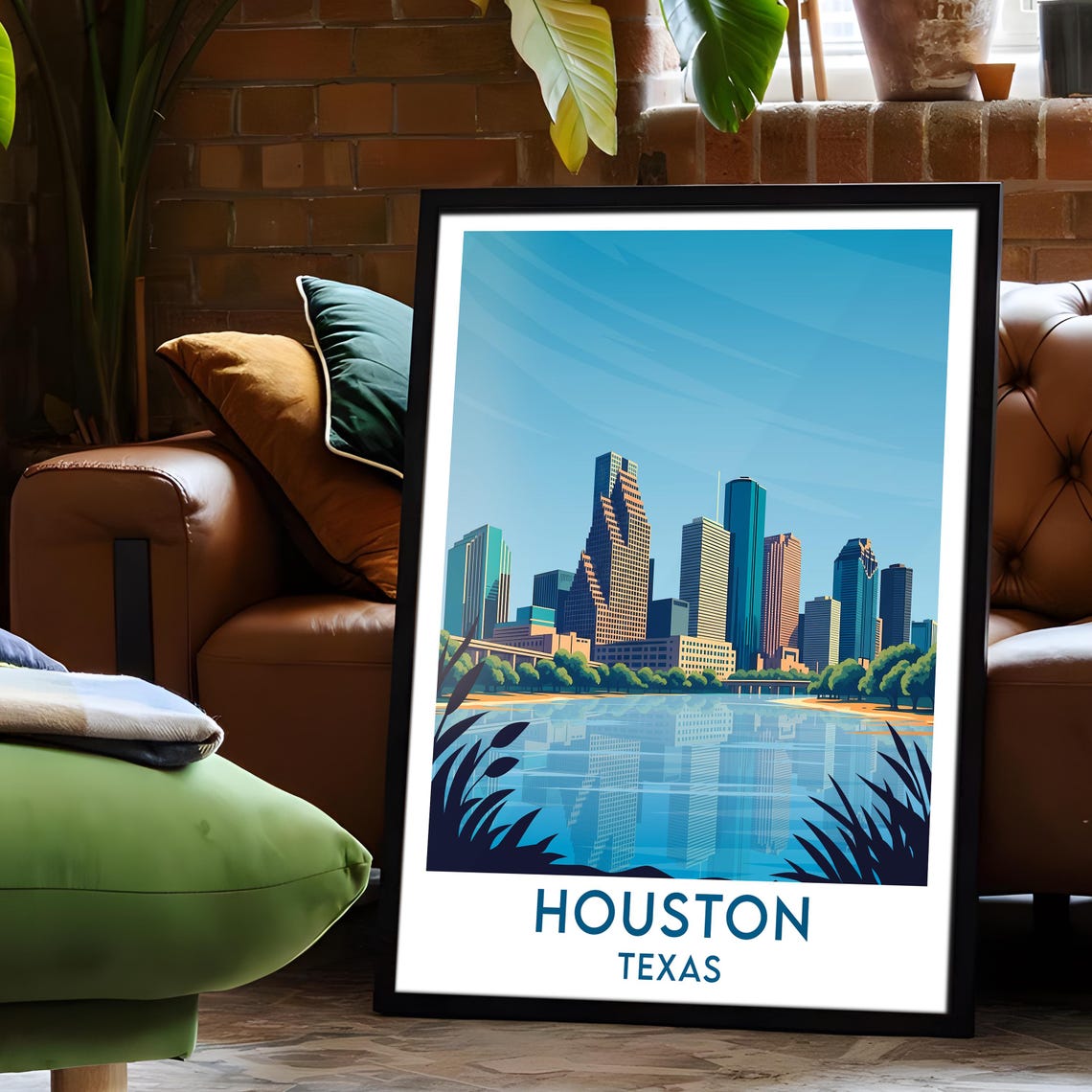 Houston Texas Skyline Over Calm Water Lakeside Morning View Poster - Image 6