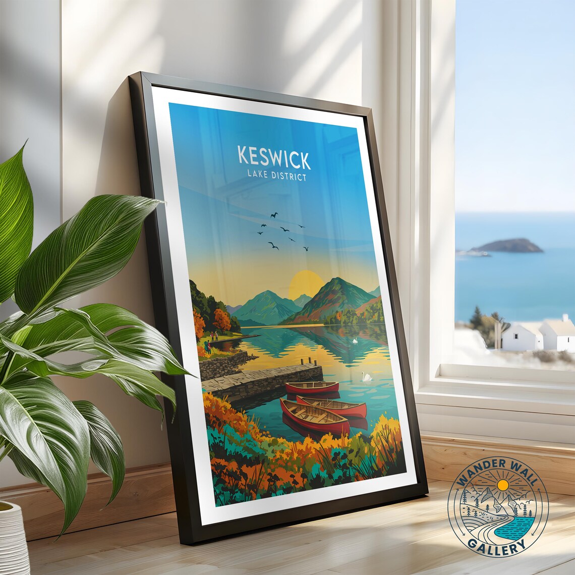 Keswick Lake District Serene Sunrise Canoes Mountain Lake Poster - Image 2