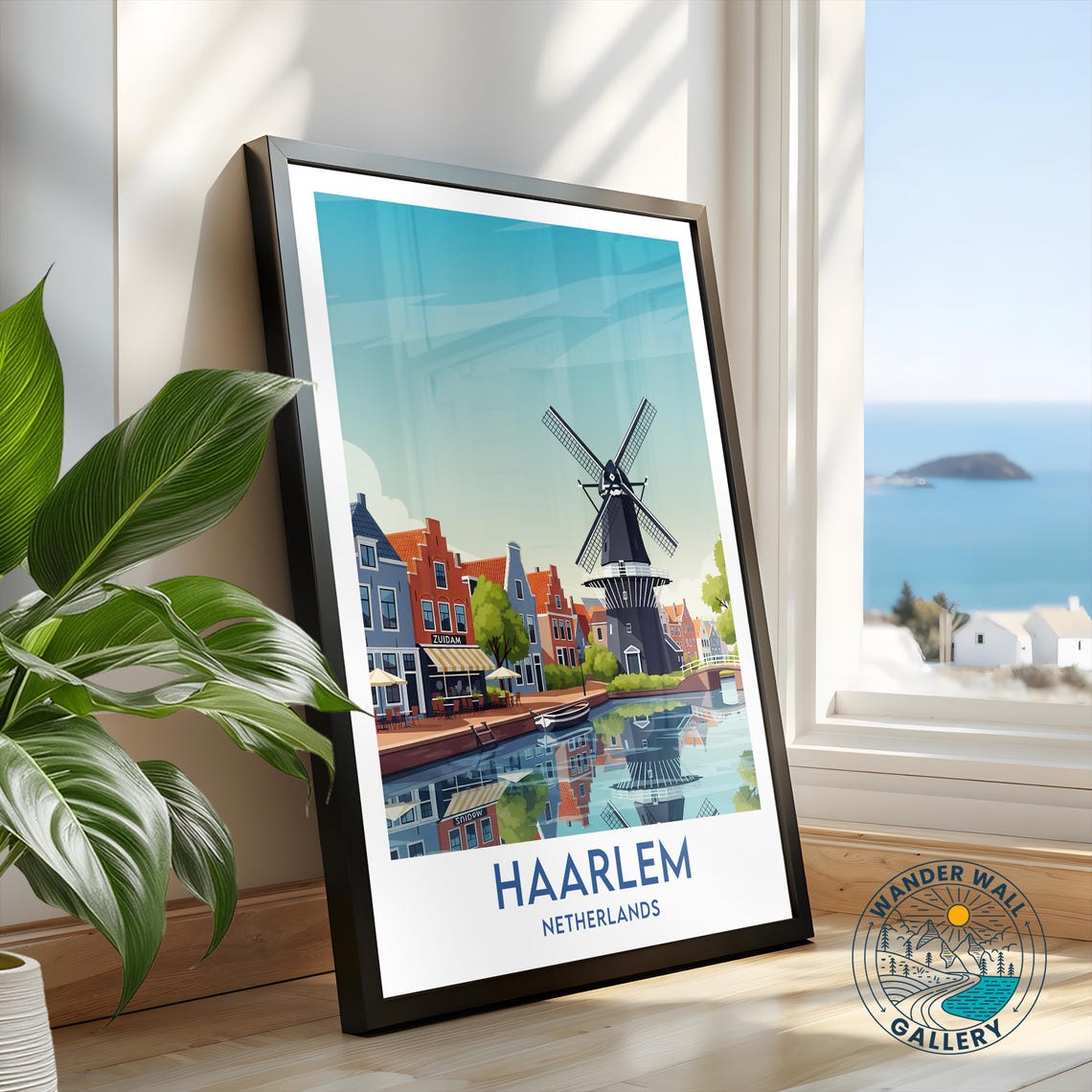 Haarlem Netherlands Canal Windmill Riverside Cafe Travel Poster - Image 2