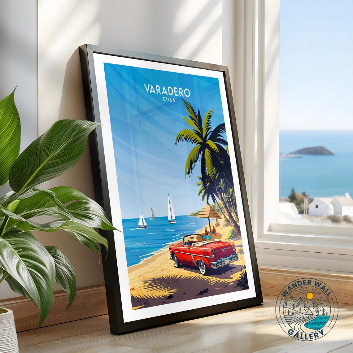 Varadero Cuba Red Classic Convertible Beach Palm Sunset Poster - Image 2