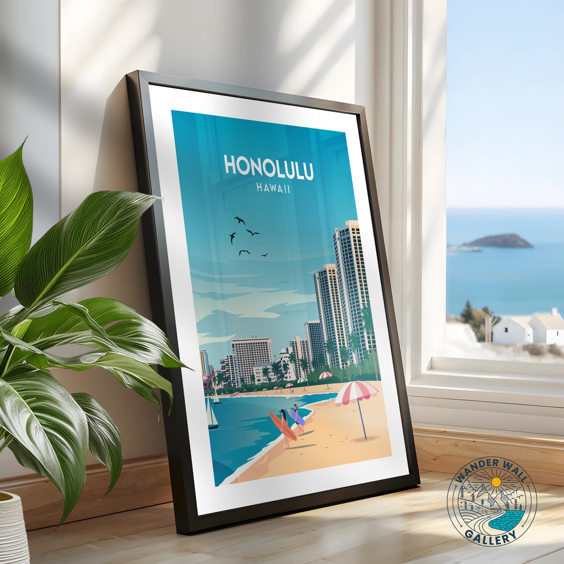 Honolulu Hawaii Waikiki Beach Surfers Tropical Sunset Poster - Image 2