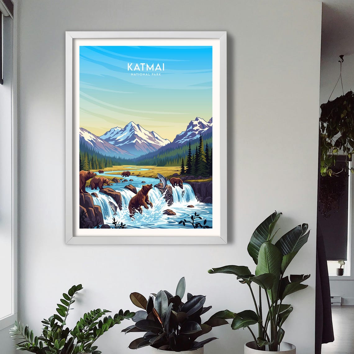 Katmai Alaska Brown Bears Catching Salmon Falls Wildlife Poster - Image 3