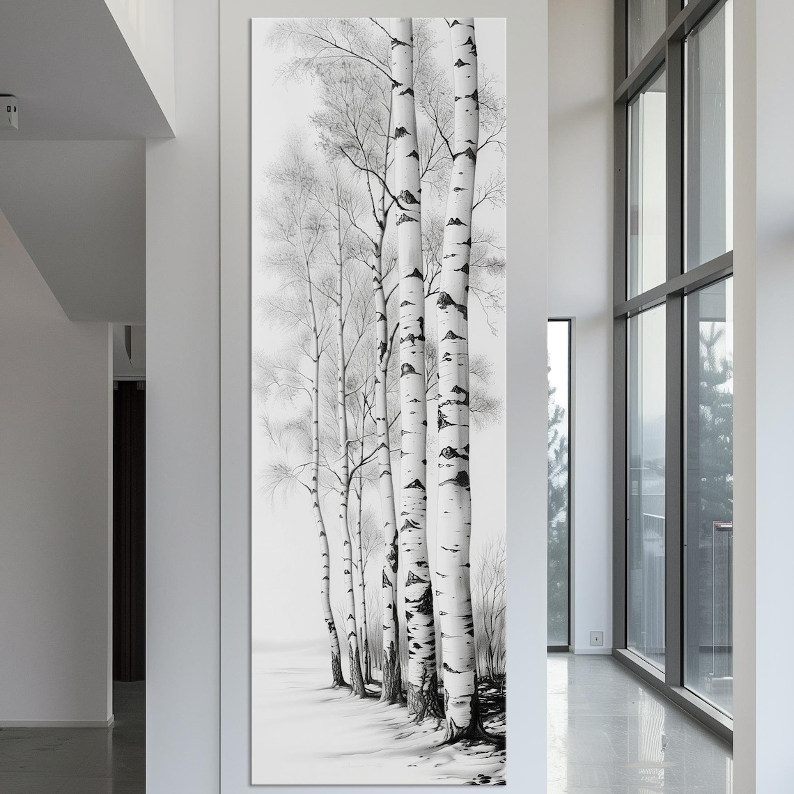 Birch Trees Winter Snow Black and White Tall Nature Wall Art Poster