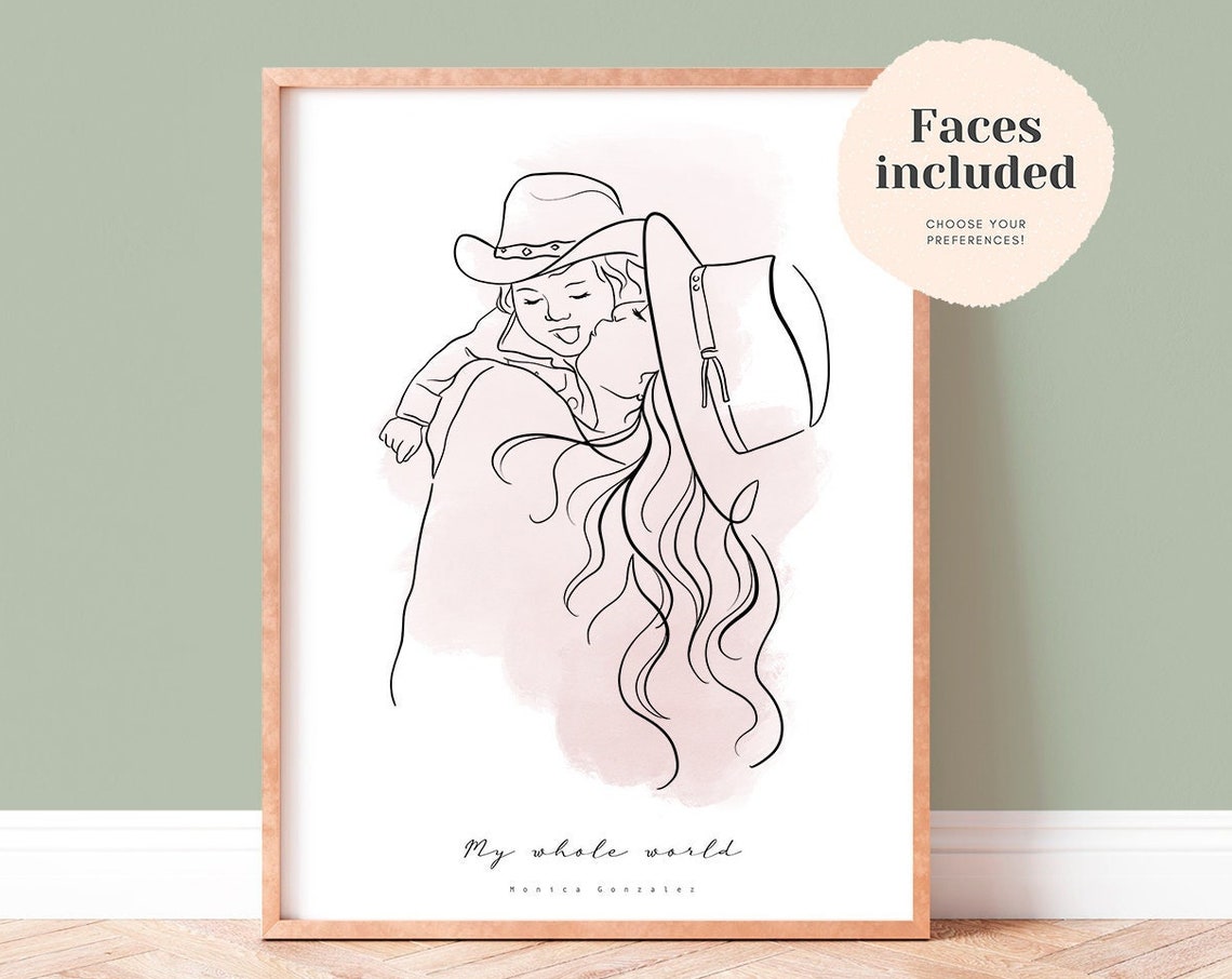 Boy in Cowboy Hat Kissing Mom Cheek Line Art Poster Keepsake Gift