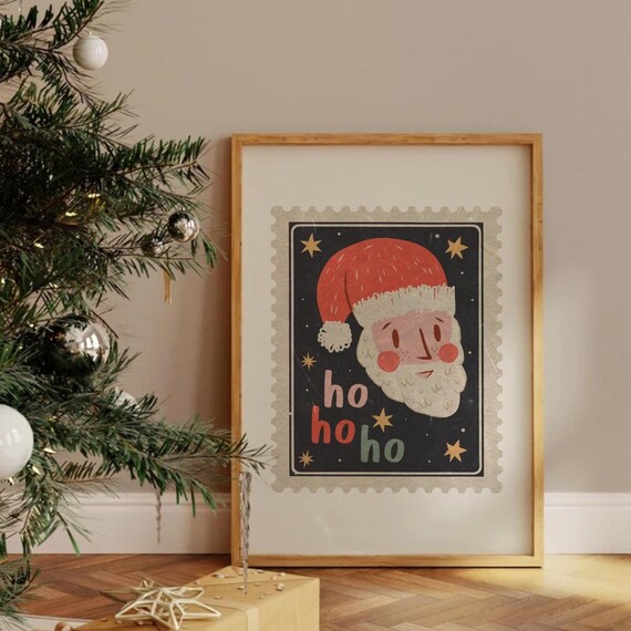 Jolly Ho Ho Ho Santa Postage Stamp Retro Christmas Decor Poster