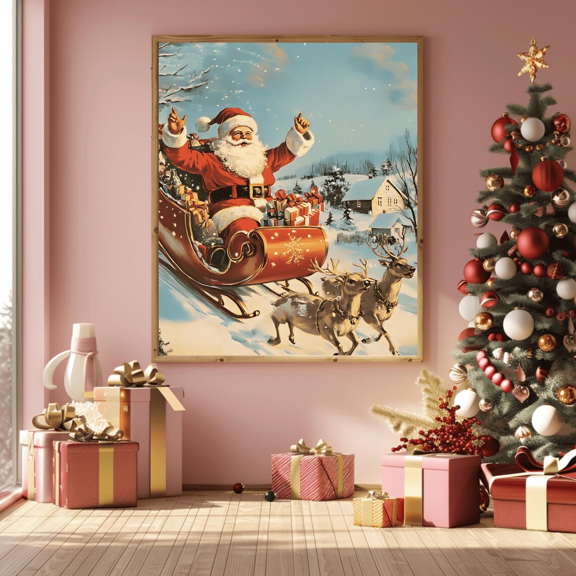 Joyful Vintage Santa Racing His Reindeer-Drawn Sleigh Through Snow Poster - Image 3
