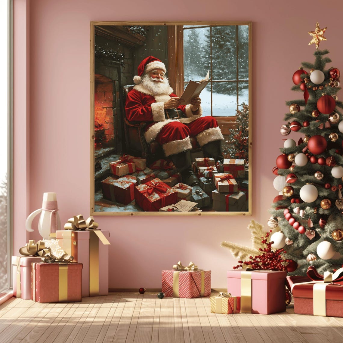 Cozy Vintage Santa Reading by the Fireplace with Gifts Art Print - Image 3