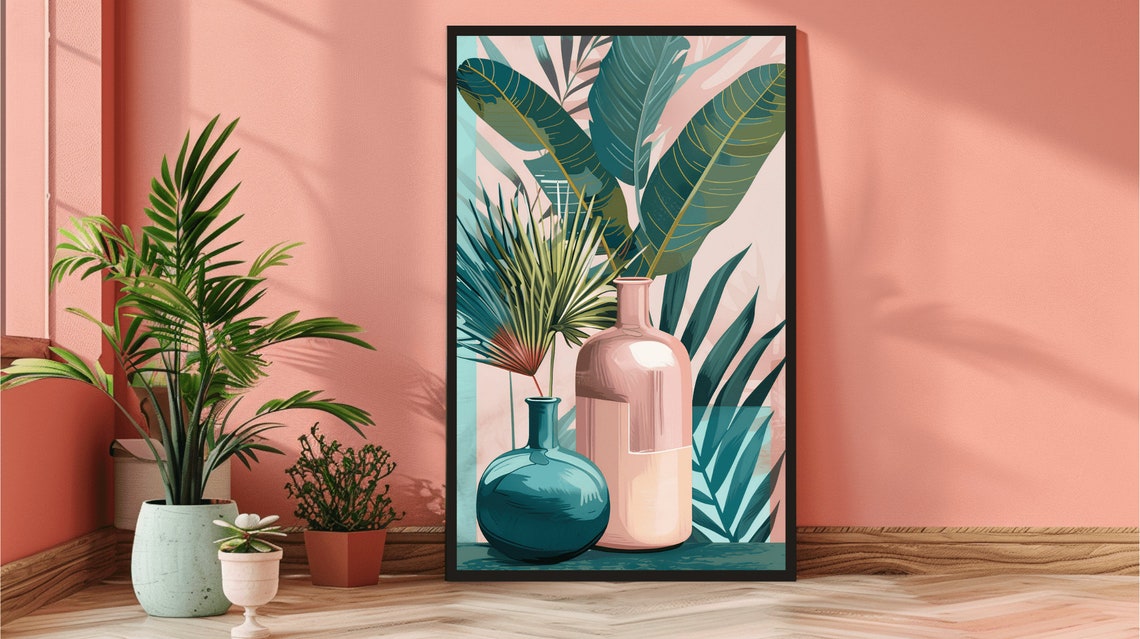 Tropical Banana Leaf Vases Blush Pink Teal Modern Art Poster