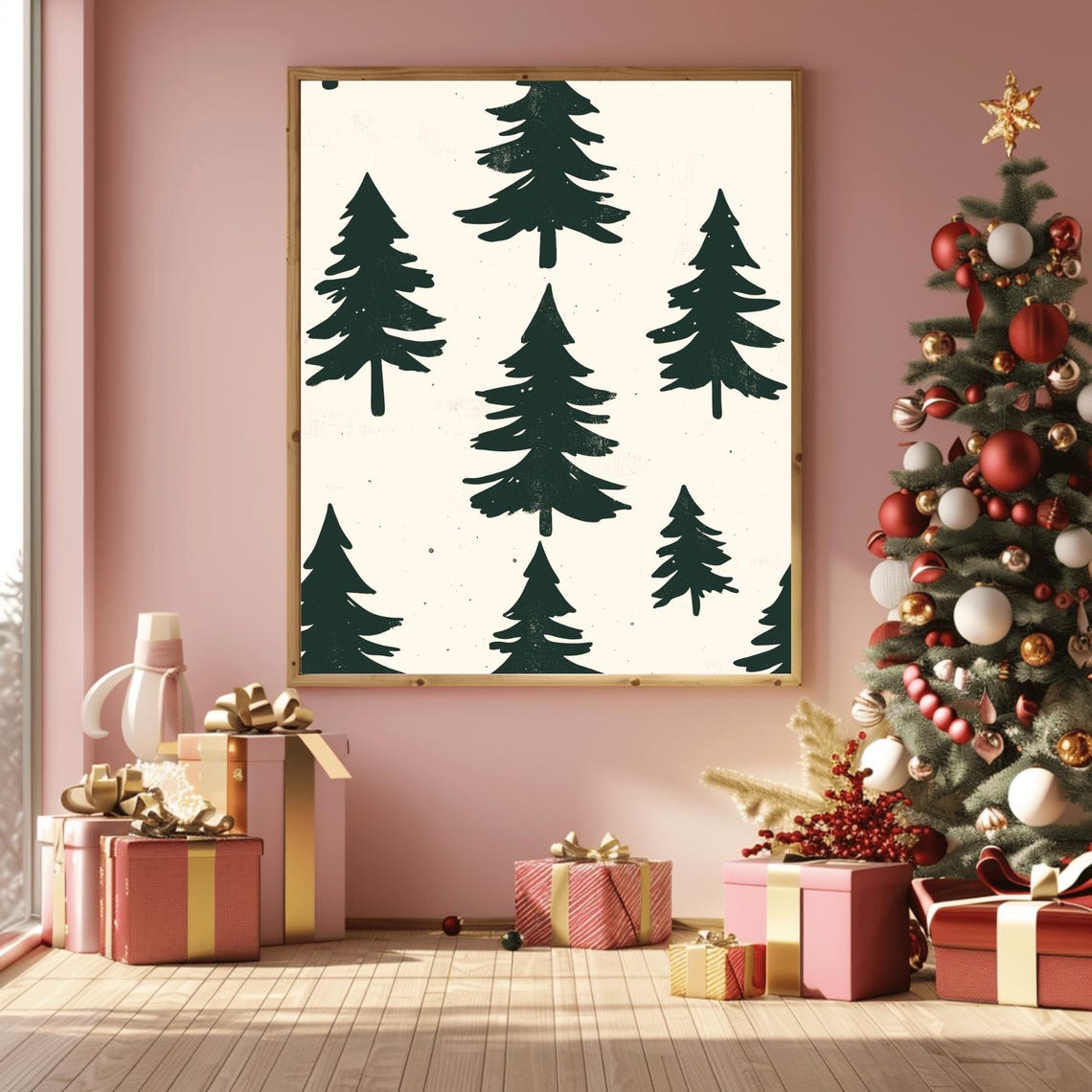Dark Green Pine Silhouette Repeat Pattern Cream Holiday Poster - Image 3