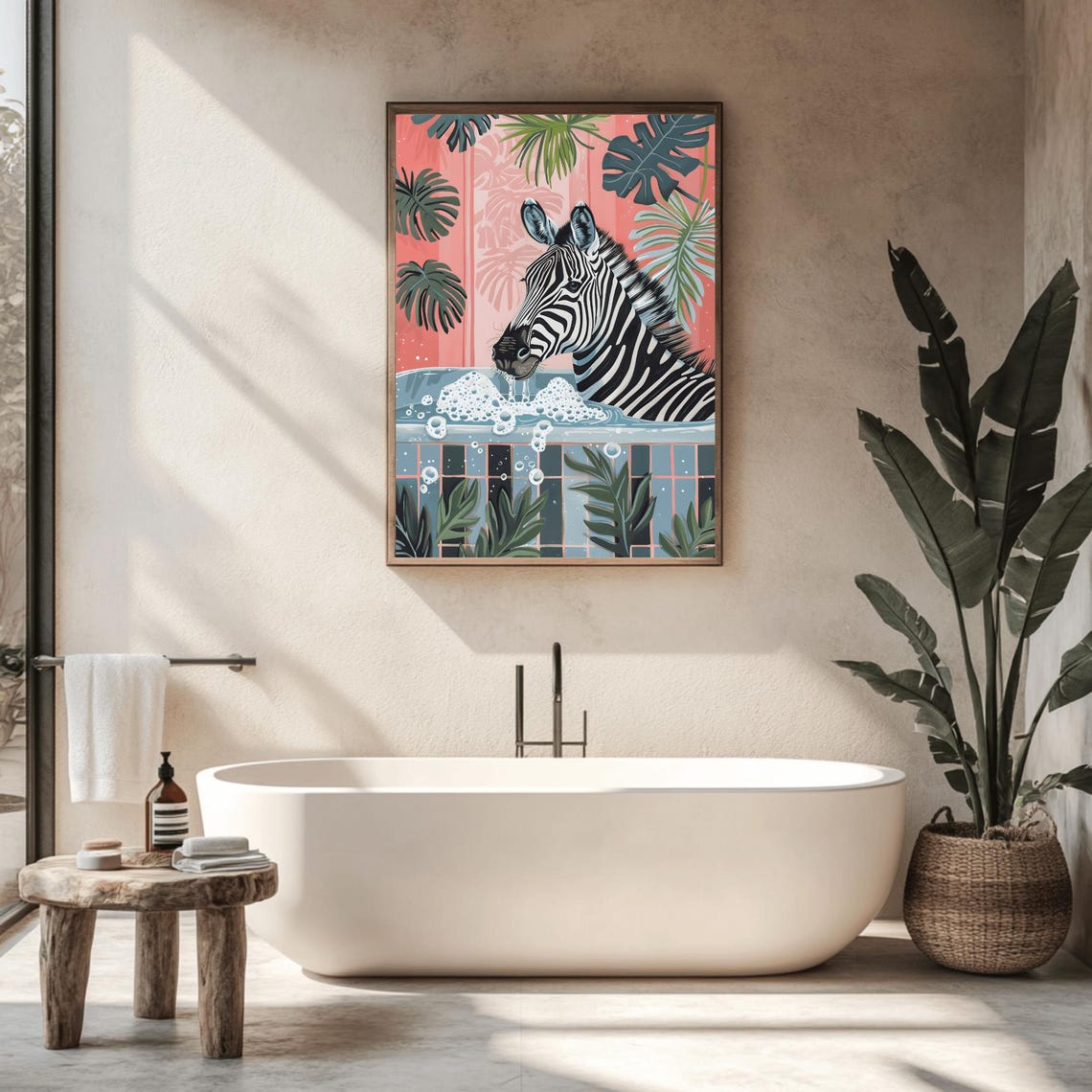 Zebra Soaking in a Bubble Bath Funny Coral Tropical Bathroom Poster - Image 2