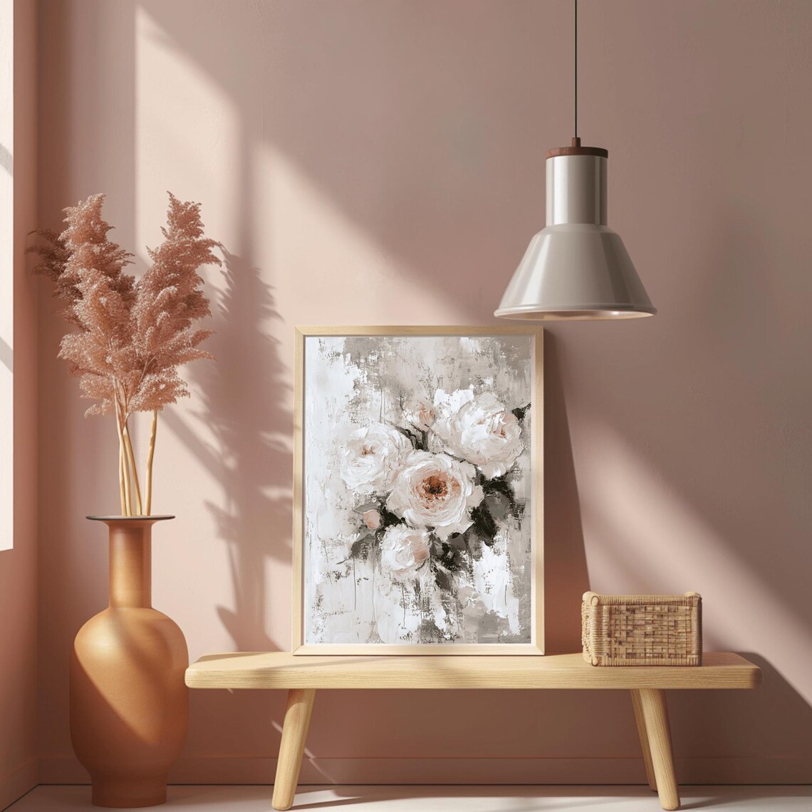 Abstract White Roses Impasto Painting Gray Floral Art Poster - Image 2