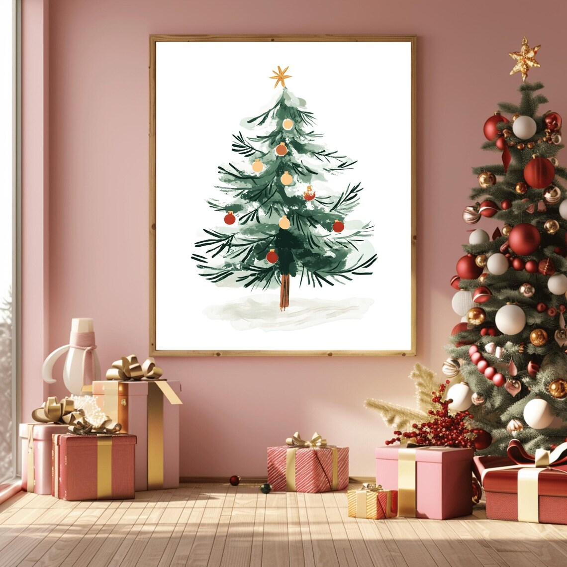 Loose Watercolor Christmas Tree with Red Baubles and Gold Star Art Print - Image 3