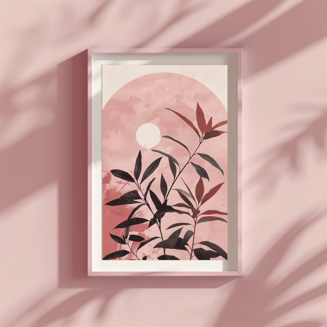 Japandi Pink Sun Arch Botanical Silhouette Leaves Art Poster - Image 3