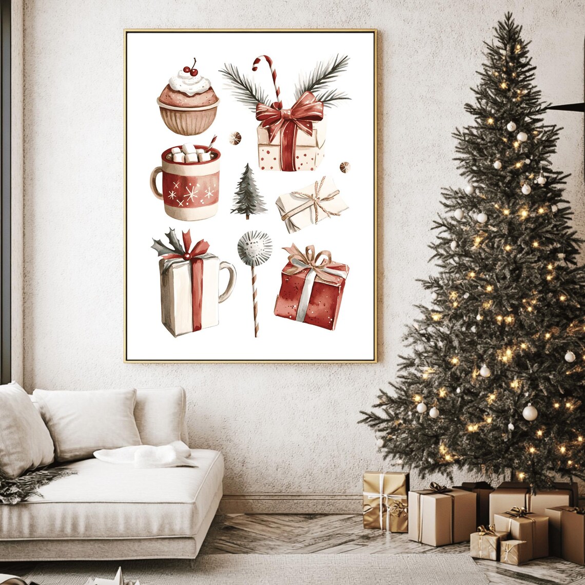 Charming Watercolor Christmas Cocoa Mugs Gifts and Candy Canes Art Print - Image 2