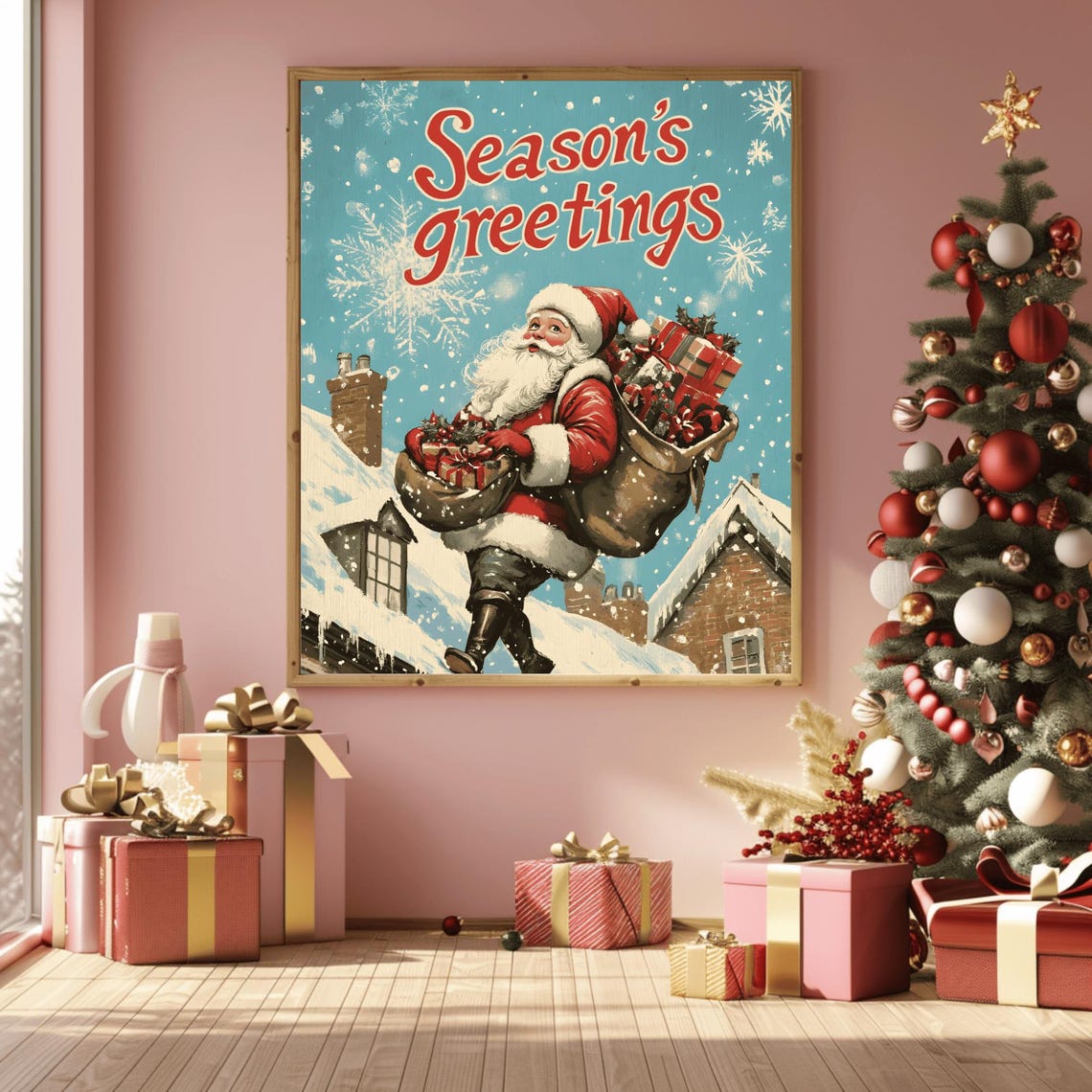 Jolly Vintage Santa on Snowy Rooftop with Season's Greetings Poster - Image 3