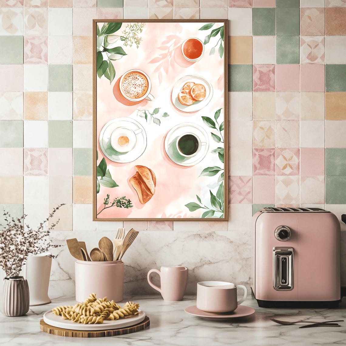 Coffee Cups Croissant Citrus Watercolor Flat Lay Kitchen Art Poster - Image 2