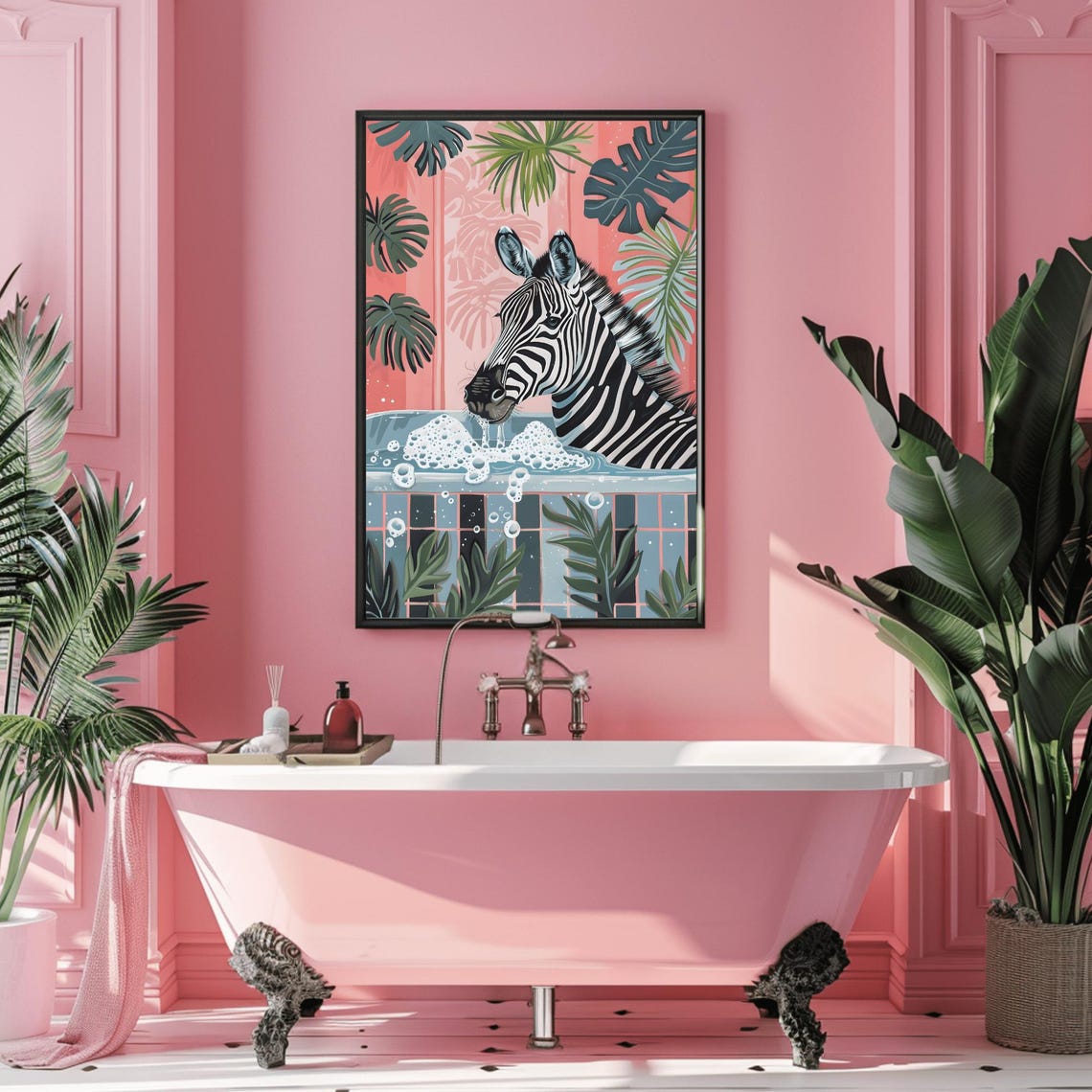 Zebra Soaking in a Bubble Bath Funny Coral Tropical Bathroom Poster - Image 3