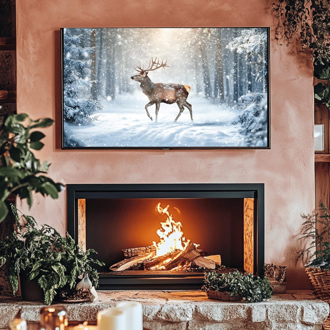 Majestic Stag Running Through Snowy Pine Forest Winter Poster - Image 3