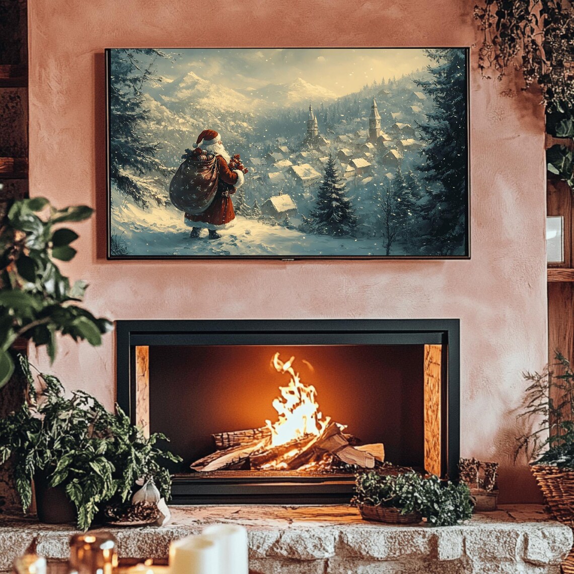 Santa Overlooking Snowy Village Church Spires In Golden Poster - Image 3