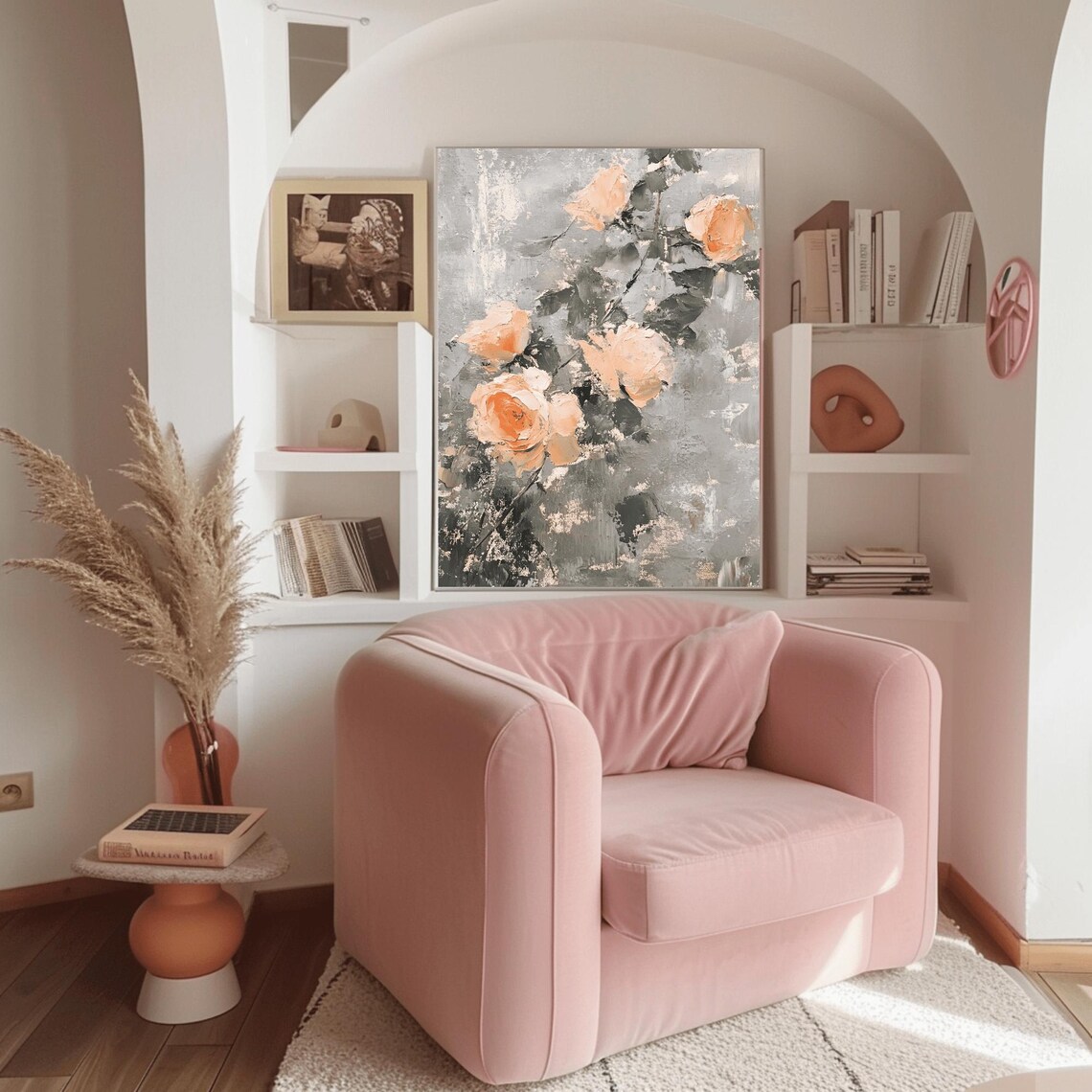 Peach Roses Impasto Oil Painting on Gray Modern Floral Poster - Image 3